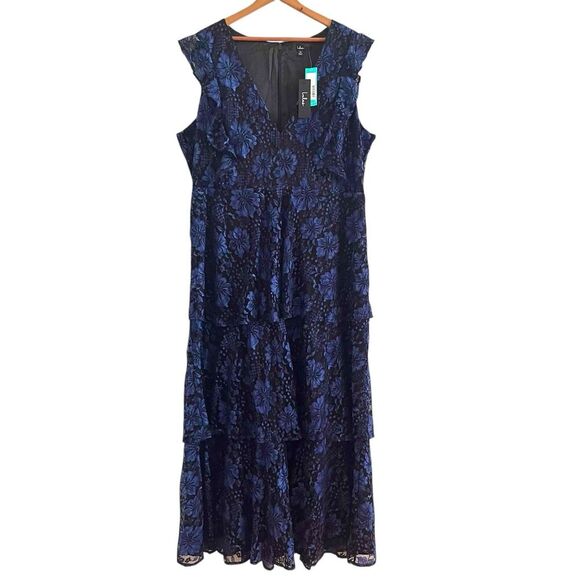 New Lulus Molinetto Floral Lace Ruffled Maxi Dress 3X Navy - Picture 2 of 16